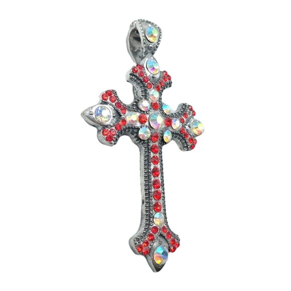 Red Iridescent Rhinestone Silver Tone Large Statement Cross Pendant 3.75" Bling - Picture 3 of 7